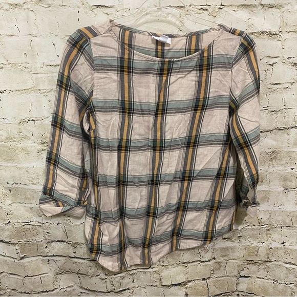 J Jill Beige Green Plaid Flannel Soft Cuffed 3/4 Sleeve Top - Picture 1 of 6